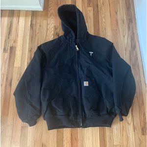 Black Carhartt insulated hooded bomber style jacket with Tesla logo